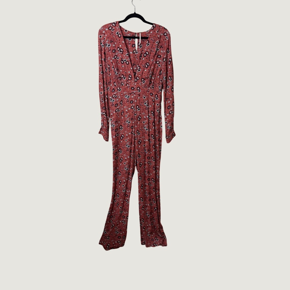 Womens Rust Floral Jumpsuit Long Sleeve Wide Leg Fall Boho Autumn Cottage 6 FLAW